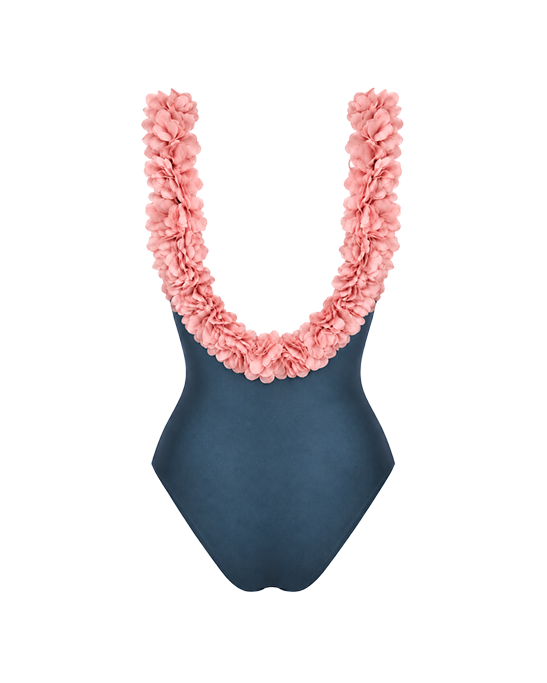 Juliet Grey Swimsuit With Pink Chiffon Flowers Straps