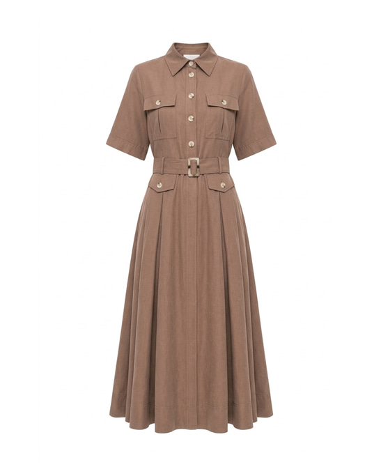 Maya Tencel Belted Midi Shirt Dress Brown
