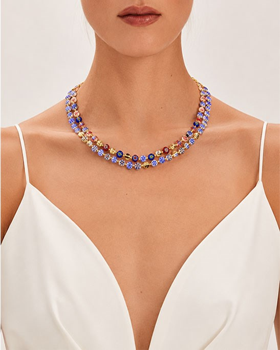 Murano Porcelain Blue Flower Double Necklace