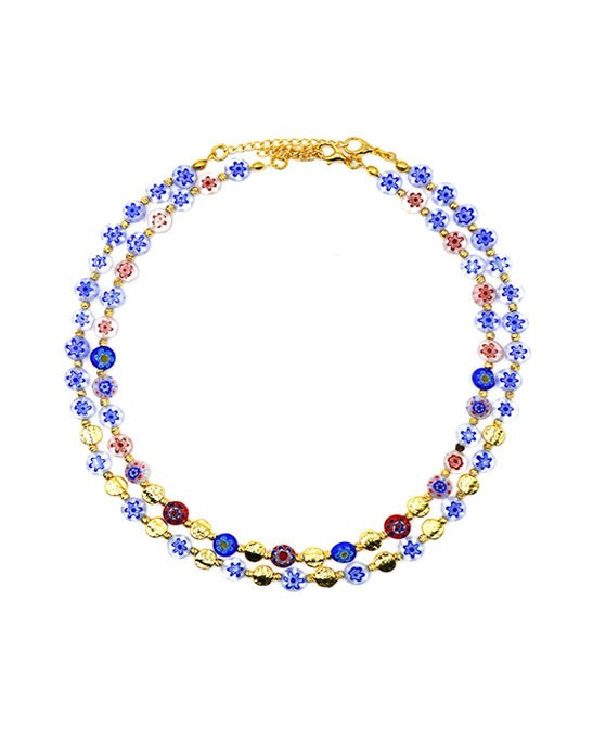 Murano Porcelain Blue Flower Double Necklace