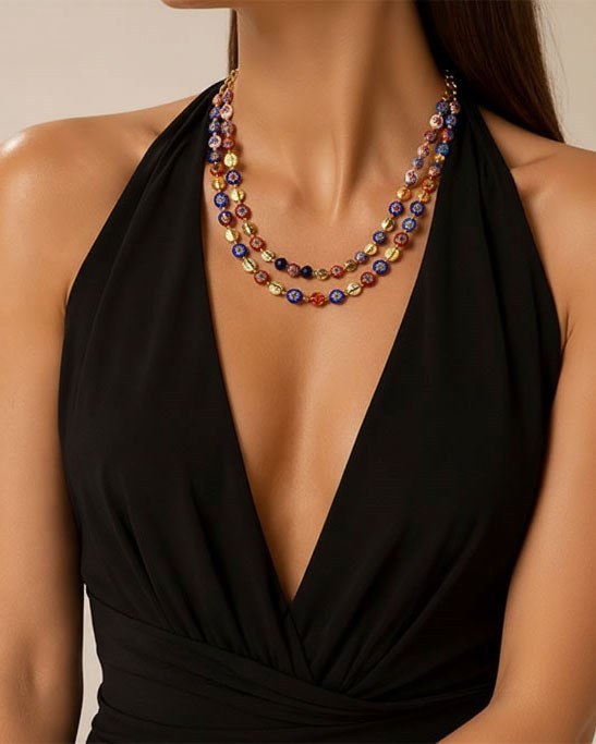 Murano Red Blue Double Strand Necklace