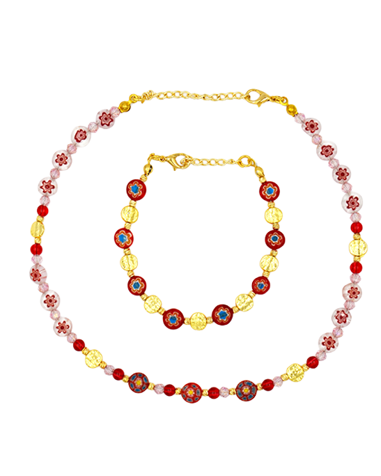 Murano Red Glass Stone Necklace & Bracelet Set