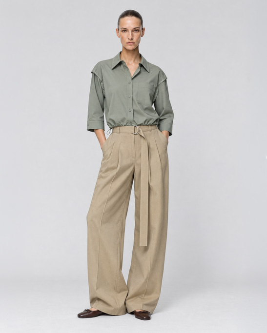 Myla Hand-Stitched Cotton Shirt Khaki
