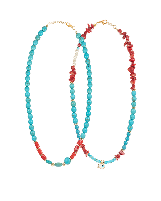 Natural Stone Necklace With Turquoise, Coral, and Pearl Details
