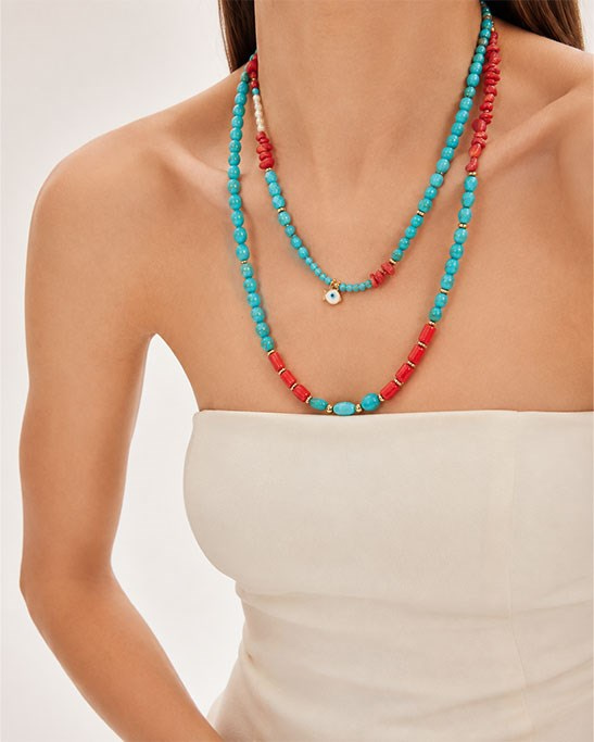 Natural Stone Necklace With Turquoise, Coral, and Pearl Details