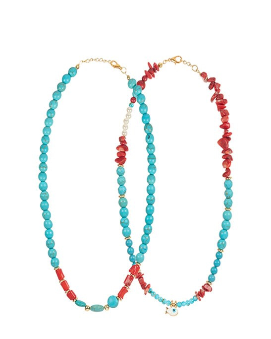 Natural Stone Necklace With Turquoise, Coral, and Pearl Details