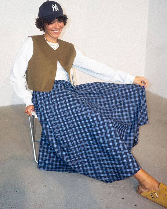 Navy Plaid Flare Skirt