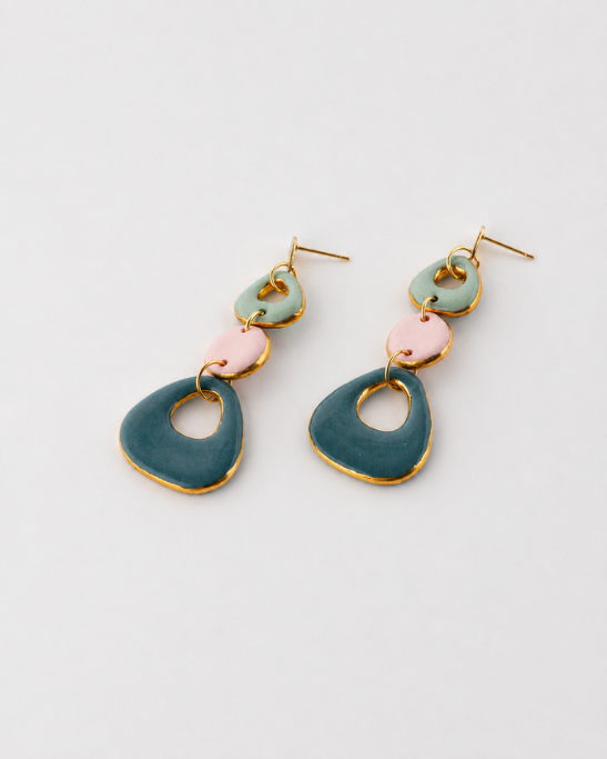 Pebble Trio Earrings - Pink & Teal