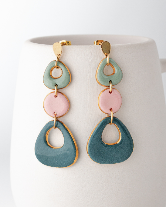Pebble Trio Earrings - Pink & Teal