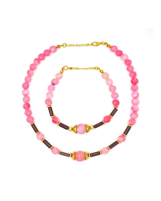 Pink Agate & Amethyst Necklace & Bracelet Set