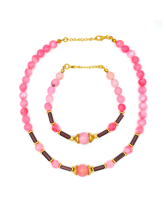 Pink Agate & Amethyst Necklace & Bracelet Set
