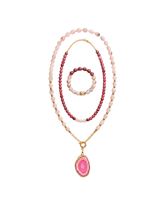 Pink Quartz & Pink Agate Pendant Necklace & Bracelet Set