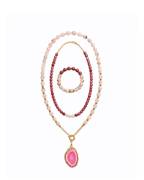 Pink Quartz & Pink Agate Pendant Necklace & Bracelet Set