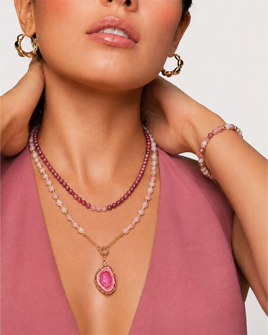 Pink Quartz & Pink Agate Pendant Necklace & Bracelet Set