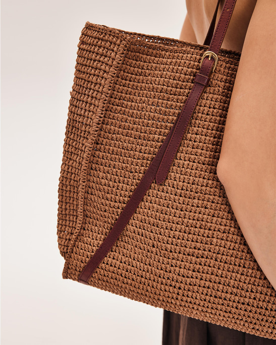 Raffia Leather-Trimmed Tote Bag