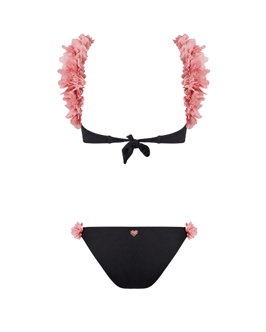 Rosa Black Bikini With Pink Chiffon Flowers Straps