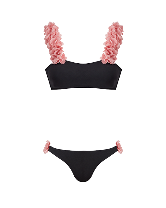 Rosa Black Bikini With Pink Chiffon Flowers Straps