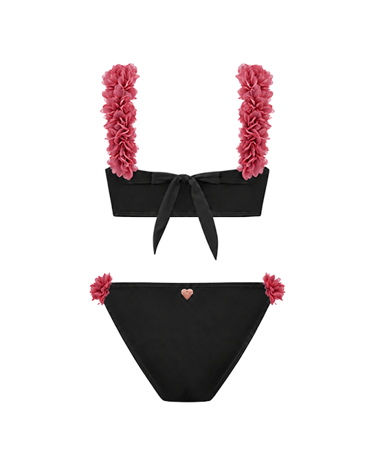 Rosa Black Kids Bikini With Pink Chiffon Flowers Straps