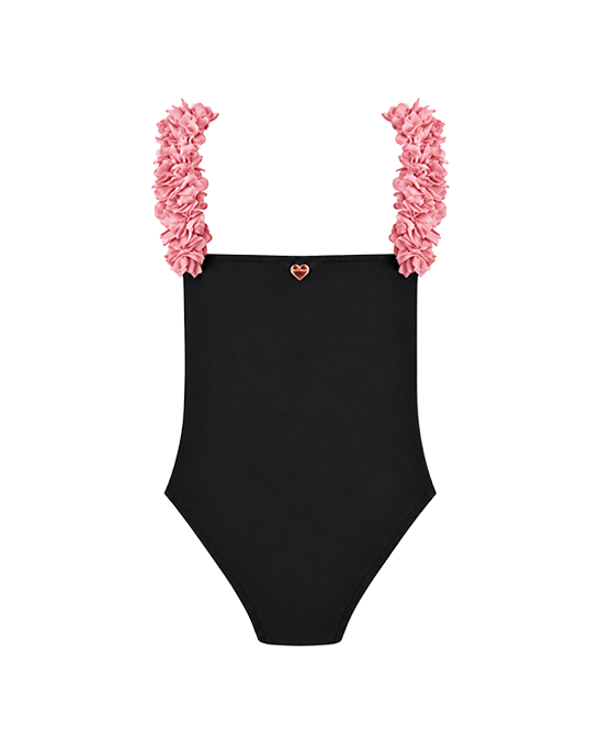 Rosa Black Kids Swimsuit With Pink Chiffon Flowers Straps