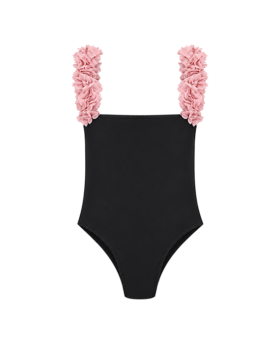 Rosa Black Kids Swimsuit With Pink Chiffon Flowers Straps