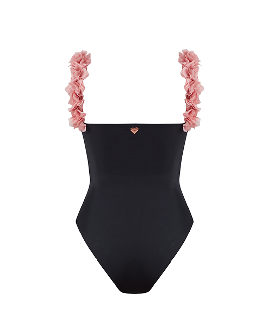Rosa Black Swimsuit With Pink Chiffon Flowers Straps