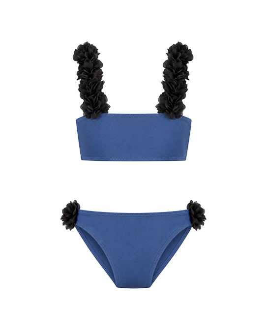 Rosa Blue Kids Bikini With Pink Chiffon Flowers Straps
