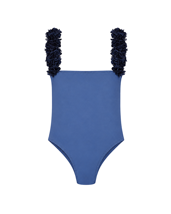 Rosa Blue Kids Swimsuit With Blue Chiffon Flowers Straps