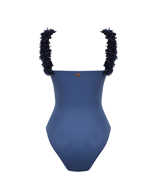 Rosa Blue Swimsuit With Navy Chiffon Flowers Straps
