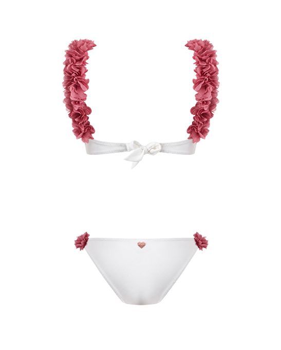 Rosa White Bikini With D.Pink Chiffon Flowers Straps | Pink