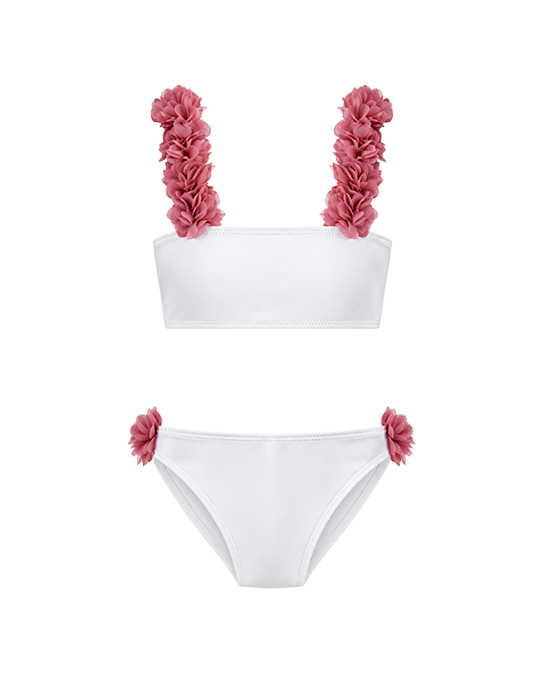 Rosa White Kids Bikini With Pink Chiffon Flowers Straps