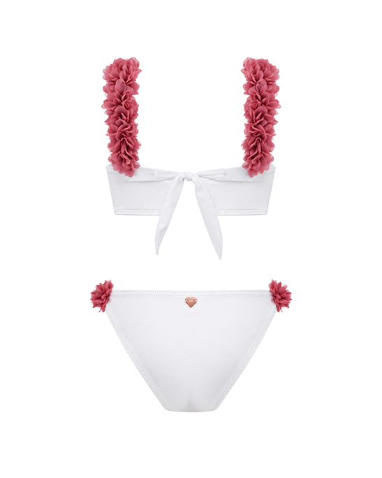Rosa White Kids Bikini With Pink Chiffon Flowers Straps