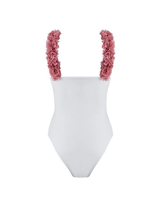 Rosa White Swimsuit With D.Pink Chiffon Flowers Straps