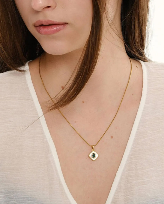 Square Mother-of-Pearl Green Stone Necklace