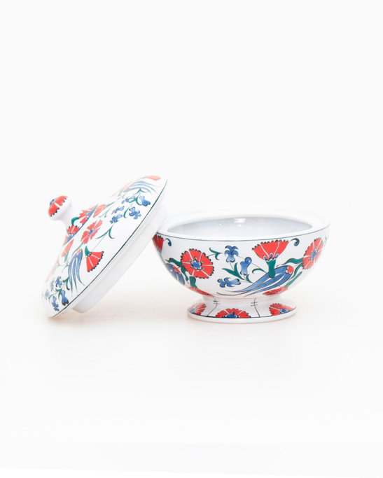 Tulip and Carnation Patterned Iznik Ceramic Sugar Bowl