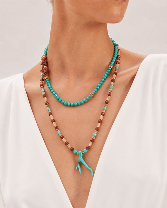 Turquoise Coral Tipped Jasper & Crystal Necklace Set