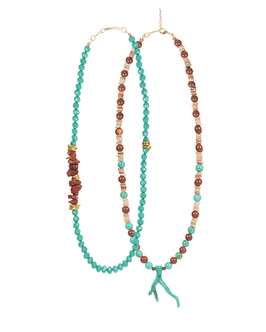 Turquoise Coral Tipped Jasper & Crystal Necklace Set