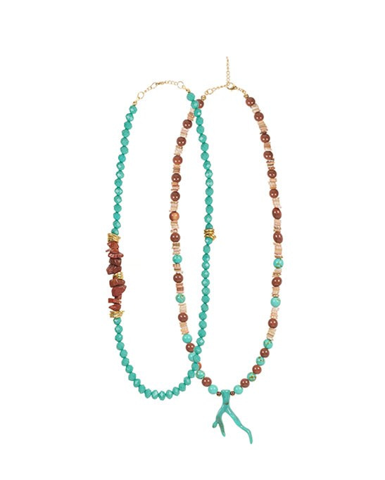 Turquoise Coral Tipped Jasper & Crystal Necklace Set