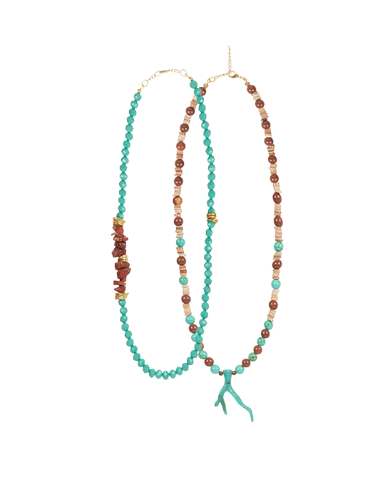 Turquoise Coral Tipped Jasper & Crystal Necklace Set