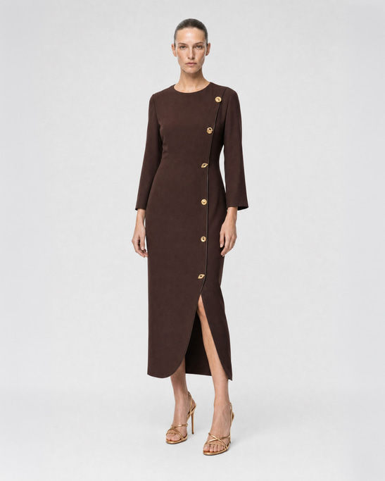 Umika Asymmetric Gold Buttoned Midi Dress