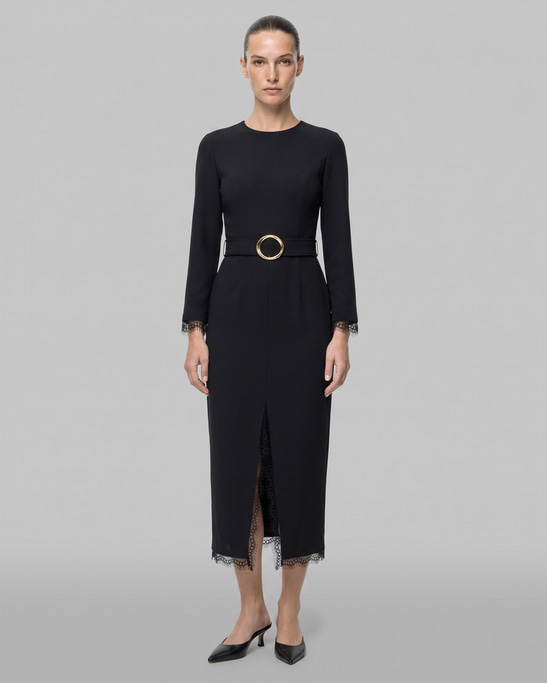 Zayna Viscose Belted Midi Dress Black