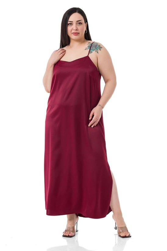 Plus Size Adjustable Thin Strap Satin Burgundy Dress with Side Slit