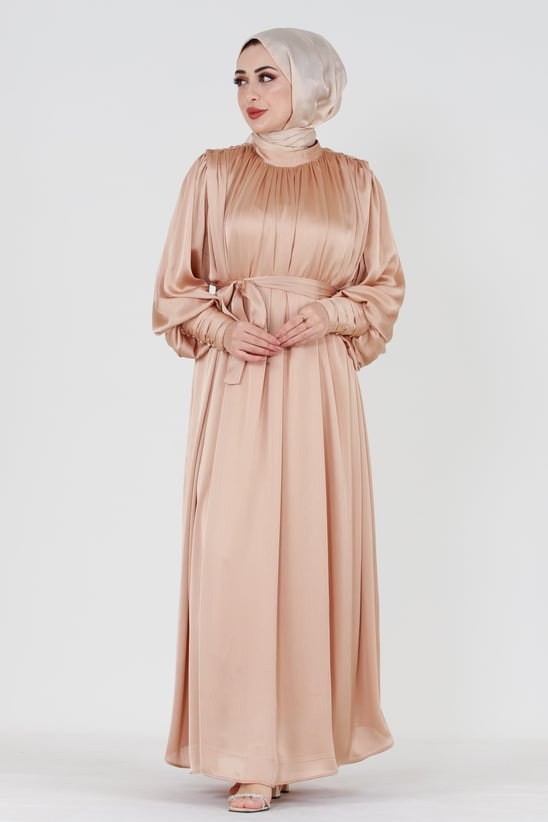 Beige Modest Evening Gown with Detailed Cape and Pearl Sleeves