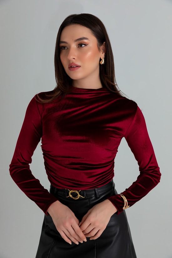 Büzgülü Kadife Crop Bluz - BORDO