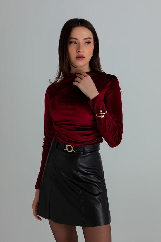 Büzgülü Kadife Crop Bluz - BORDO