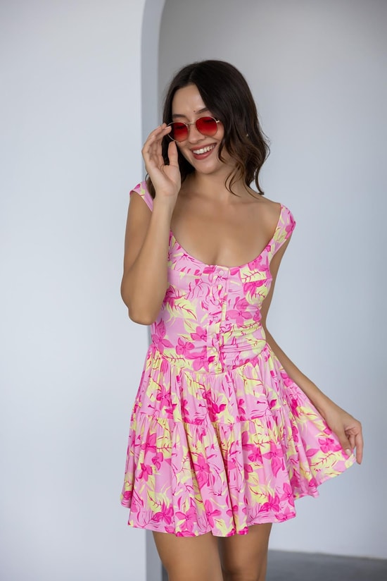 Desenli Kısa Elbise - PEMBE