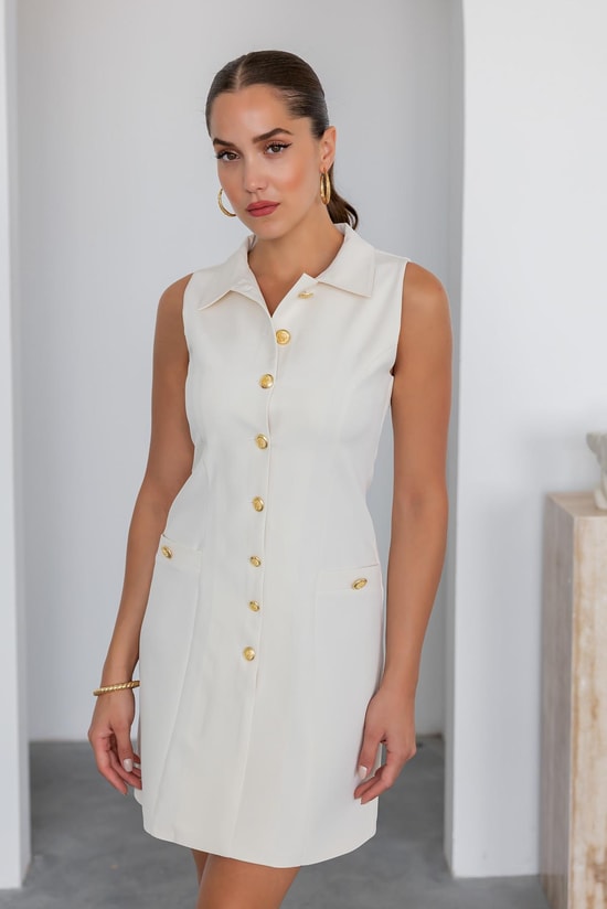 Gold Düğmeli Mini Elbise - KREM