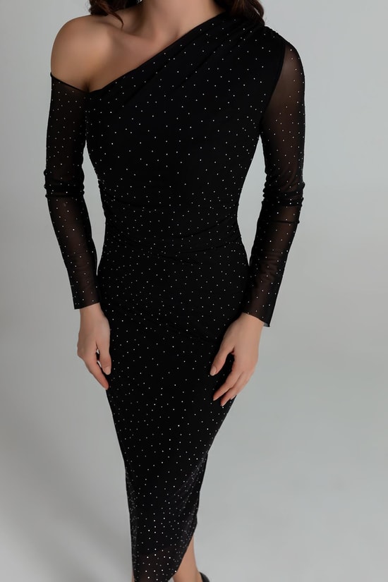 Işıltılı Tek Omuz Tül Elbise - SİYAH