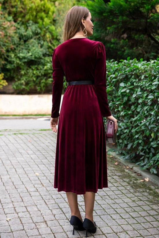 Kemerli Midi Kadife Elbise - BORDO