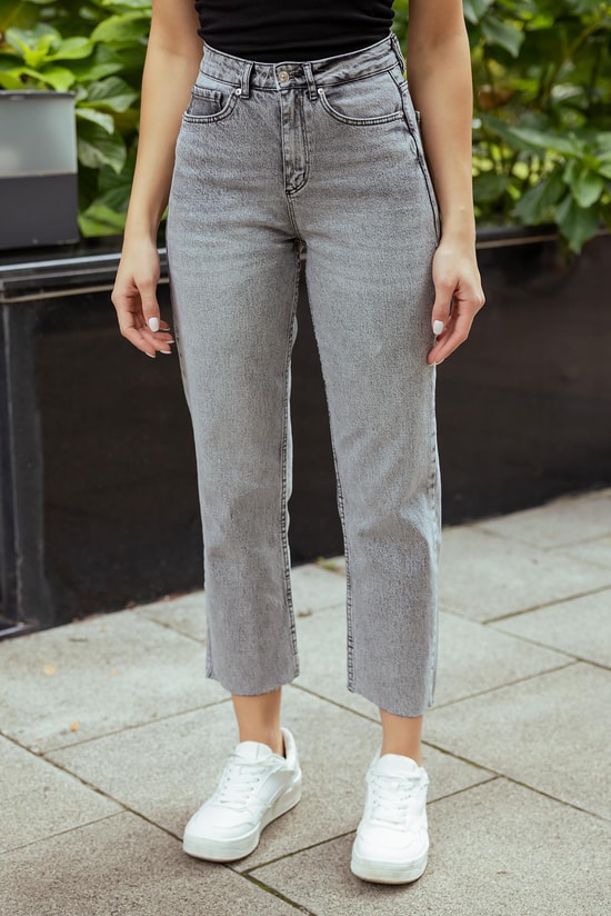 Kesik Paçalı Denim Pantolon - GRİ