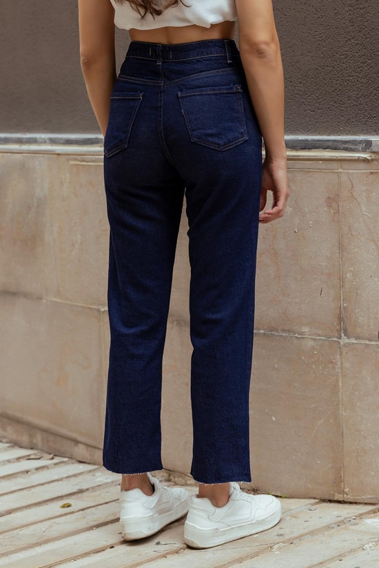 Kesik Paçalı Denim Pantolon - LACİVERT